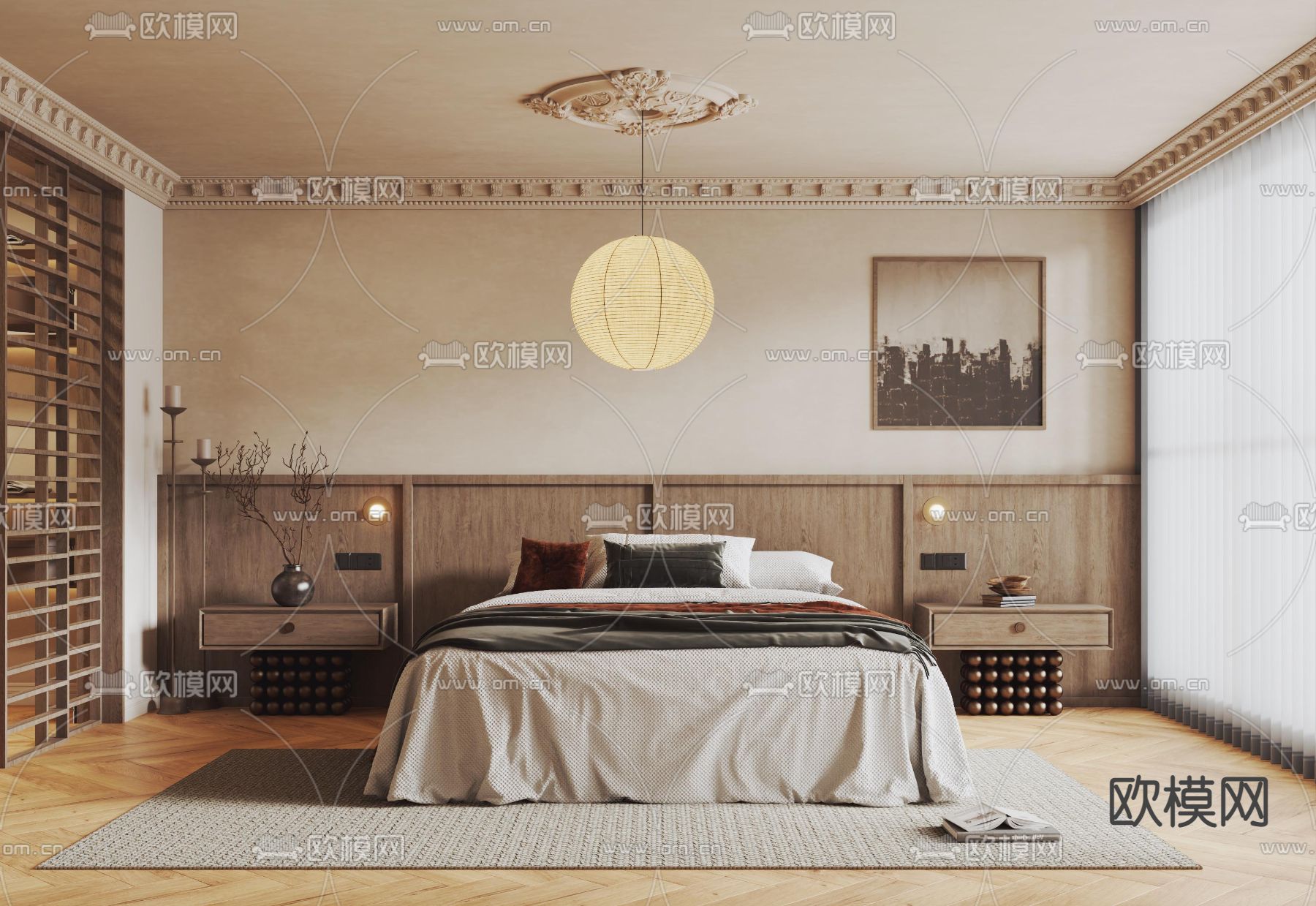 中古风卧室 主人房su模型下载（渲染图1）