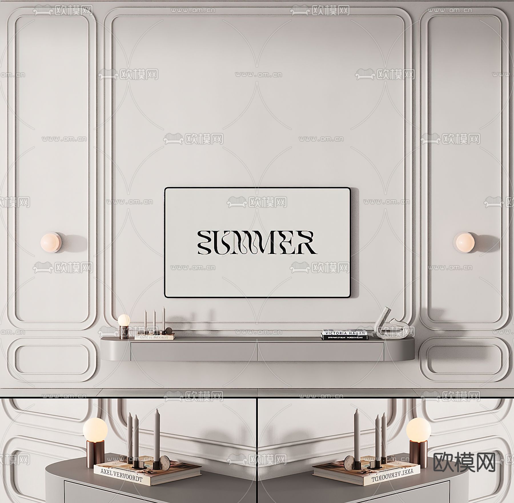 奶油风电视背景墙su模型