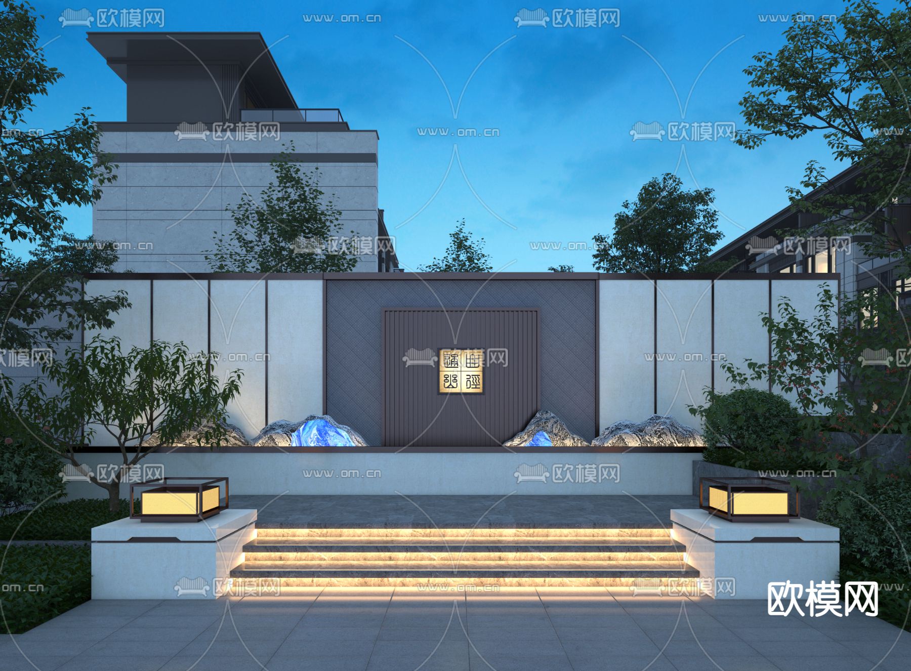 新中式庭院夜景su模型下载（渲染图1）