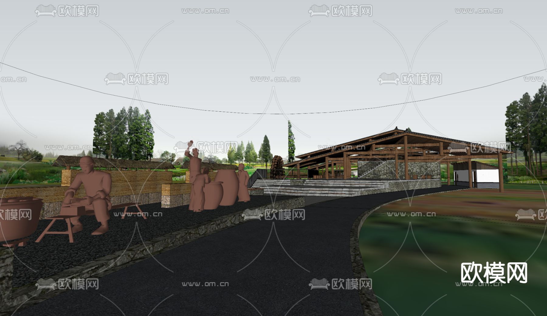 乡村振兴油坊 民宿 游客服务中心su模型下载（渲染图2）