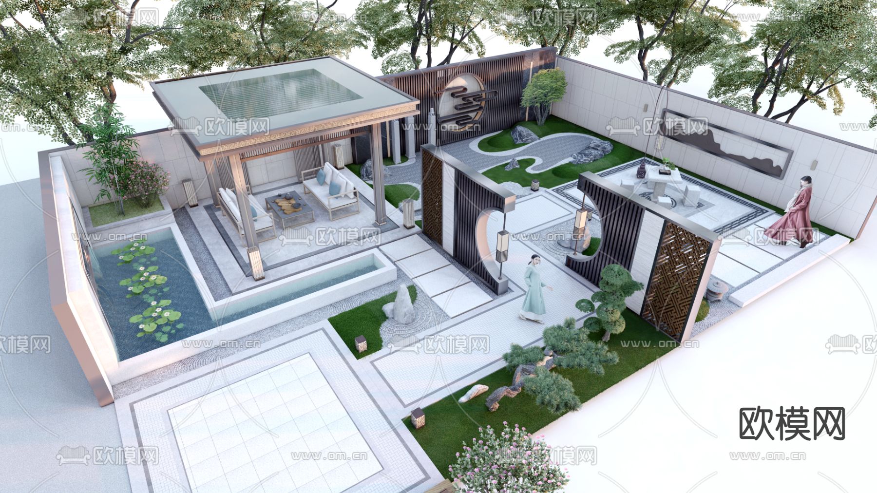 新中式庭院 花园景观su模型下载（渲染图2）