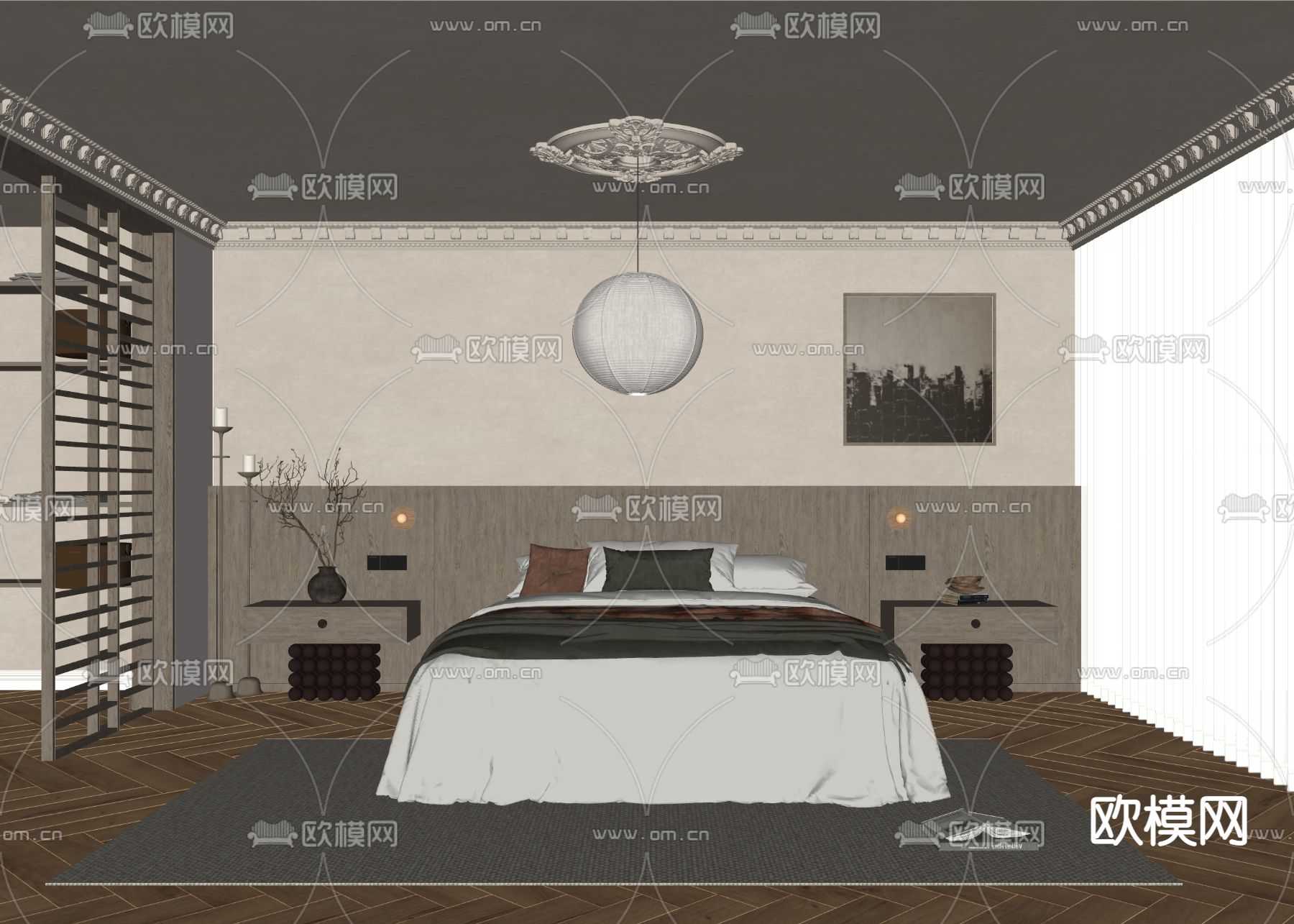 中古风卧室 主人房su模型下载（渲染图2）