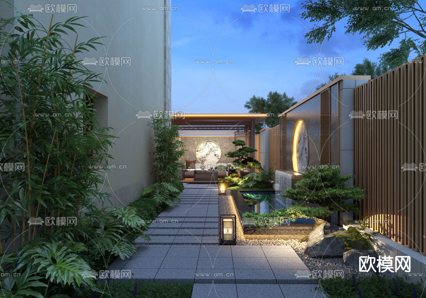新中式庭院夜景su模型下载（渲染图2）