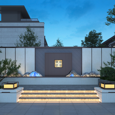  新中式庭院夜景su模型 