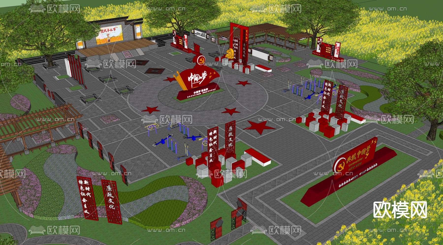 中式党政广场景观su模型下载（渲染图3）
