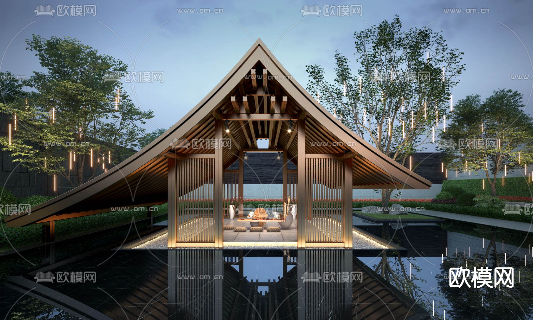 新中式 庭院夜景su模型下载（渲染图1）