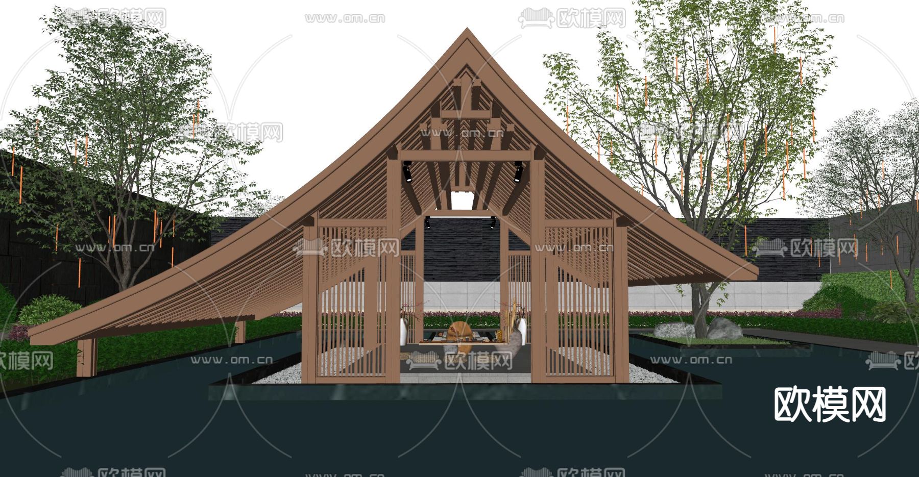 新中式 庭院夜景su模型下载（渲染图2）