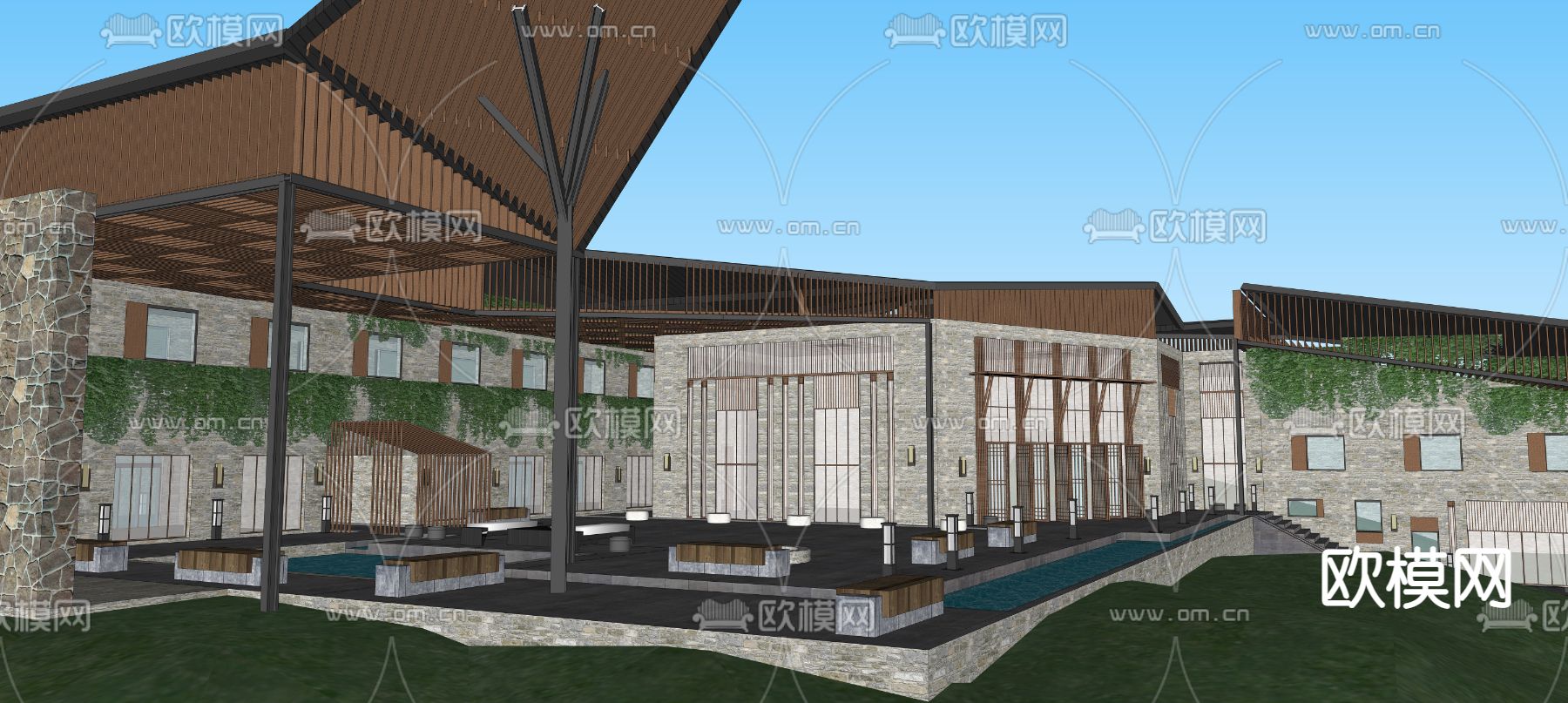 山地酒店外观su模型下载（渲染图2）