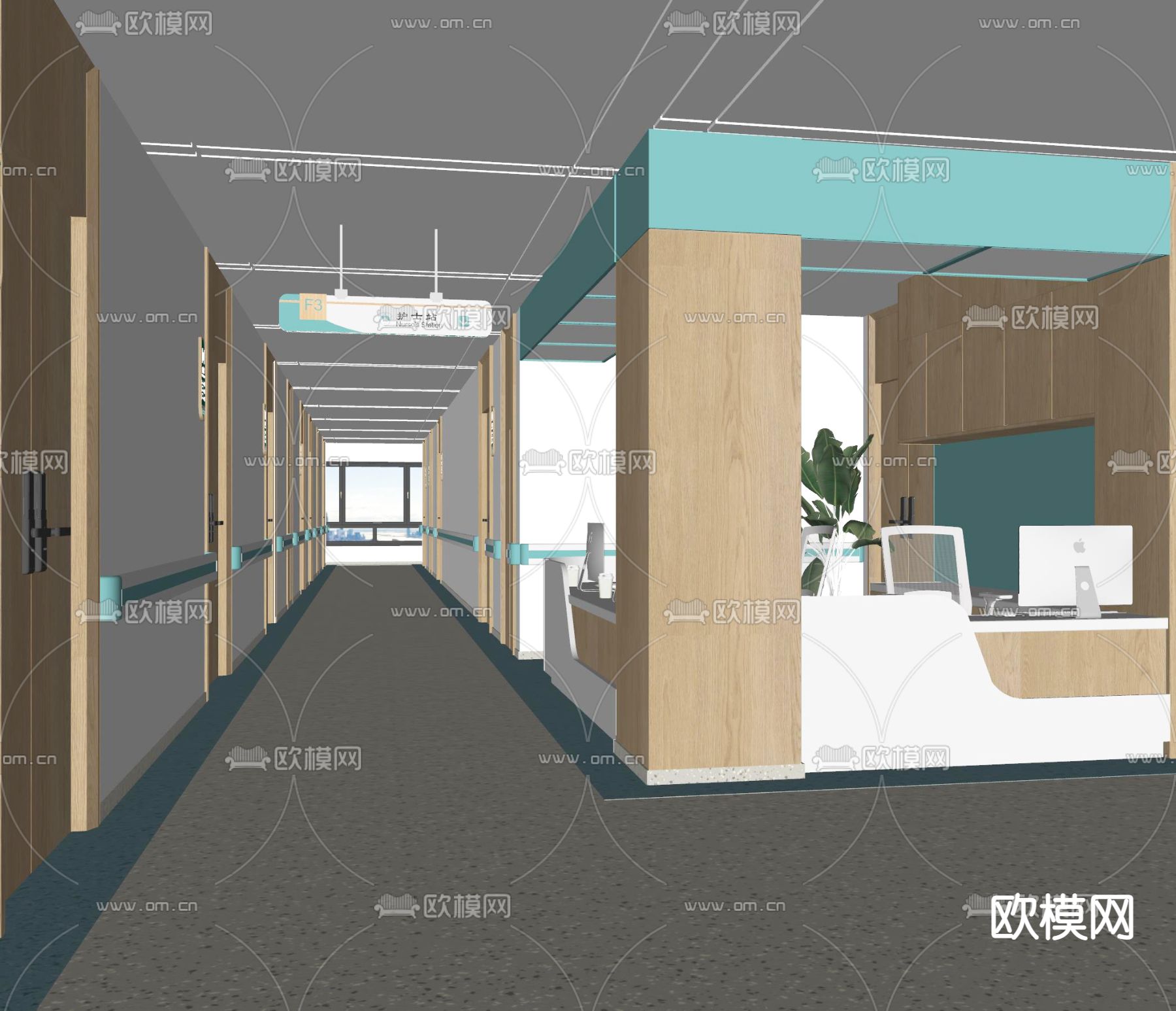 现代医院护士站 过道su模型下载（渲染图2）