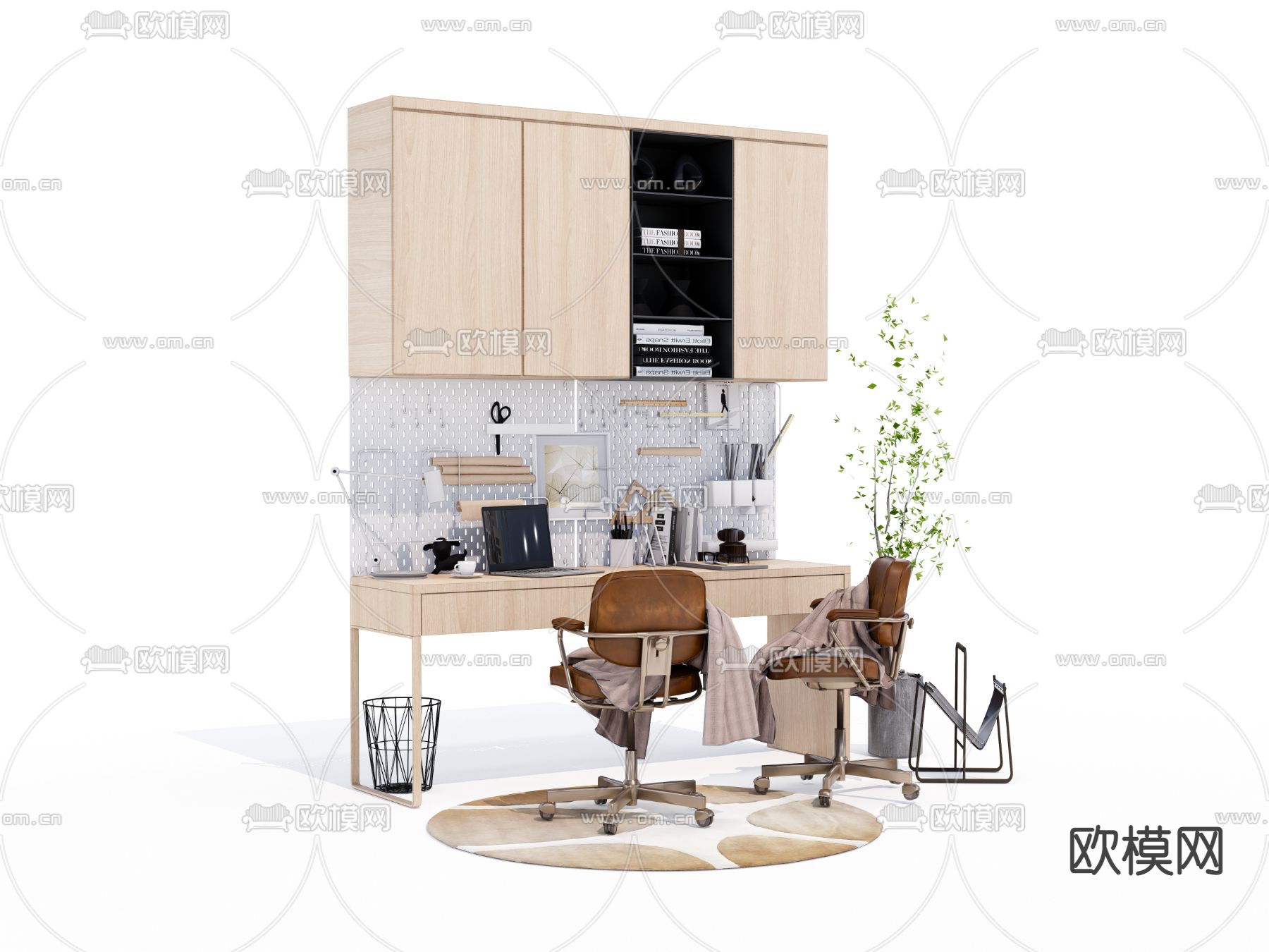 双人书桌 写字台su模型下载（渲染图2）