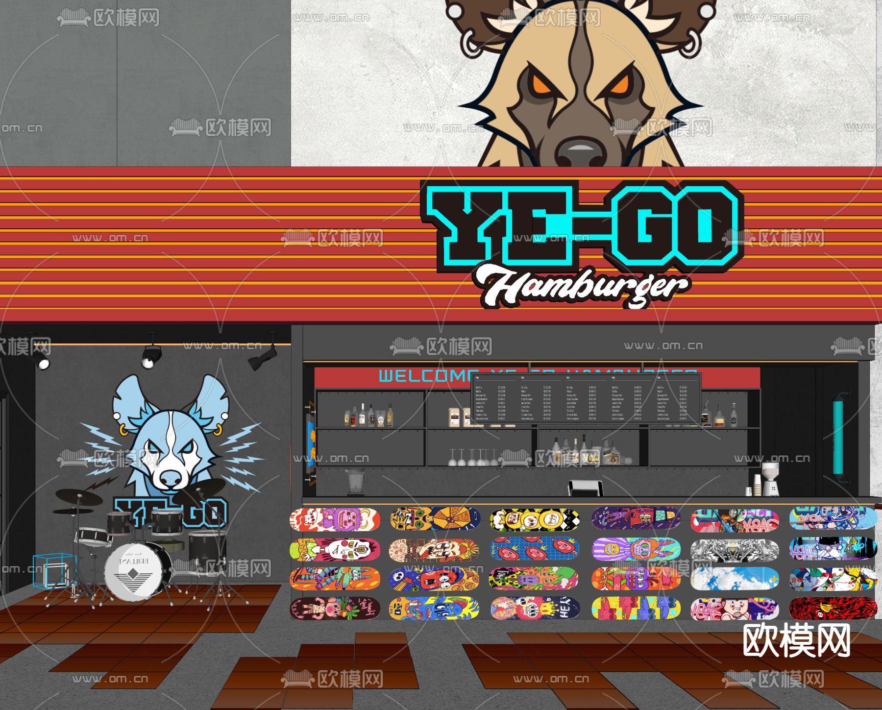 现代汉堡店su模型下载（渲染图2）