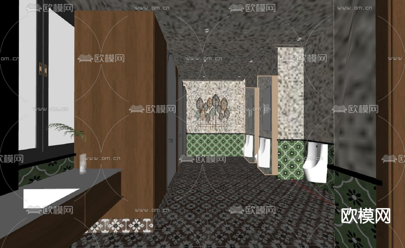 侘寂风公共洗手间 男厕所su模型下载（渲染图2）