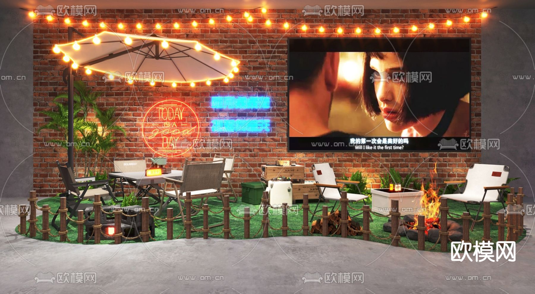 露营风烧烤店外摆su模型下载（渲染图1）