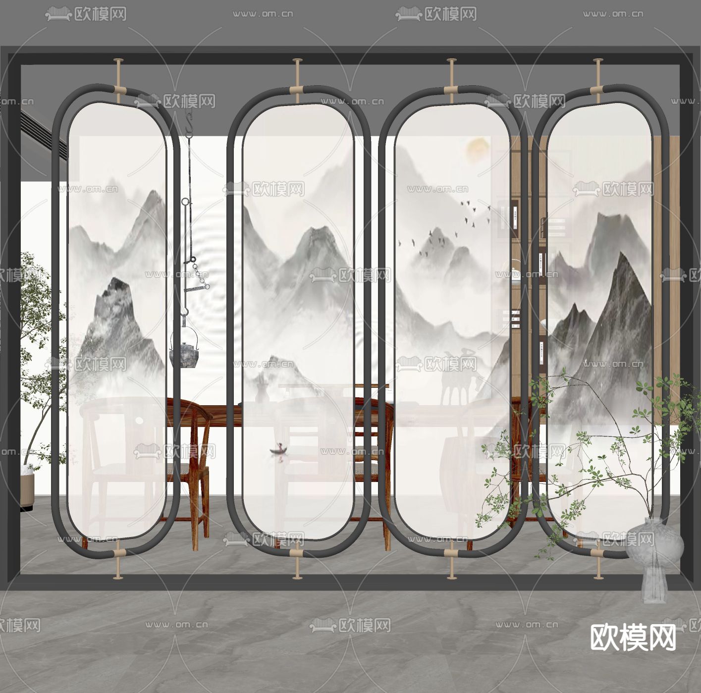 新中式屏风隔断su模型下载（渲染图2）