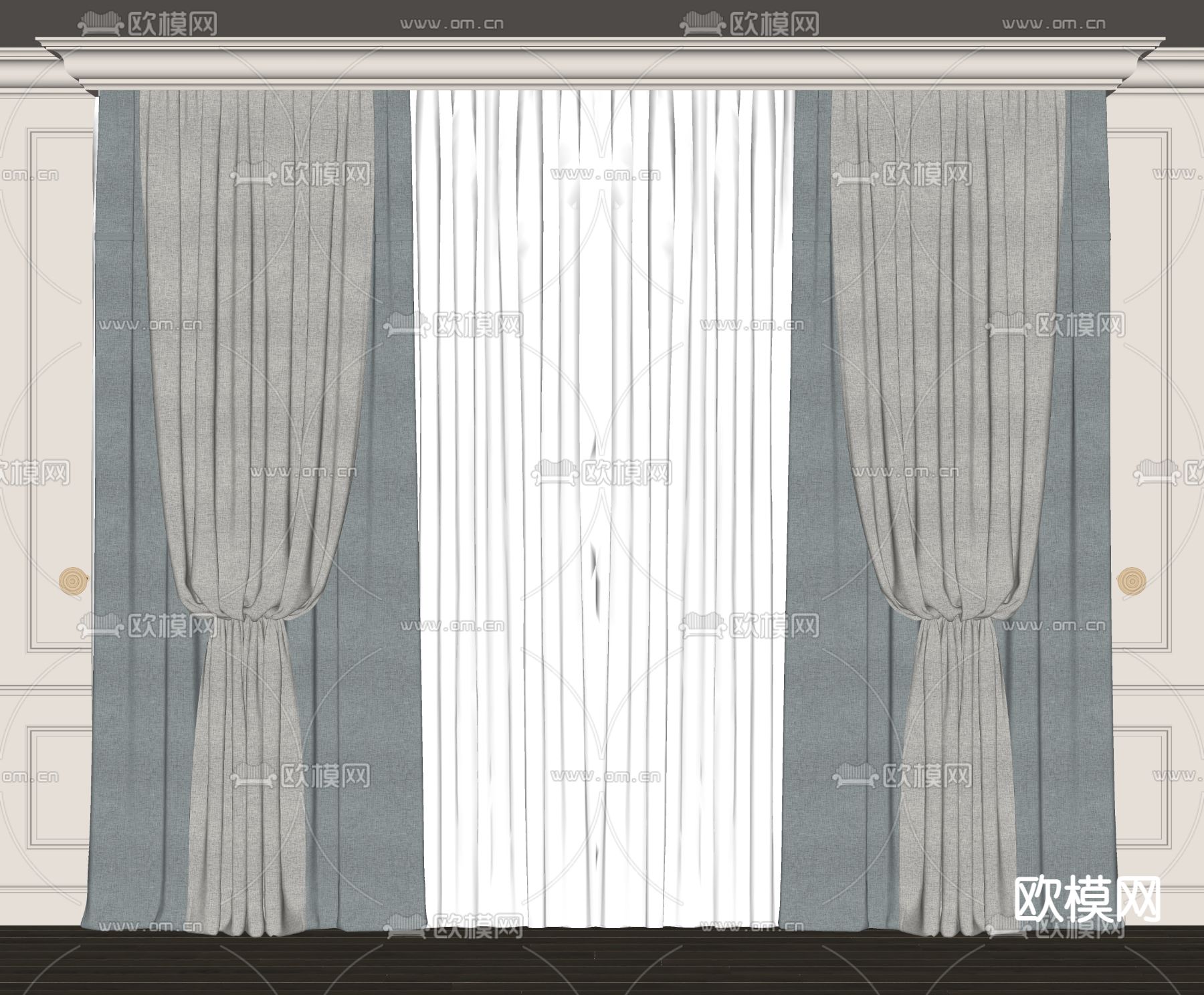 简欧窗帘 纱帘su模型下载（渲染图2）
