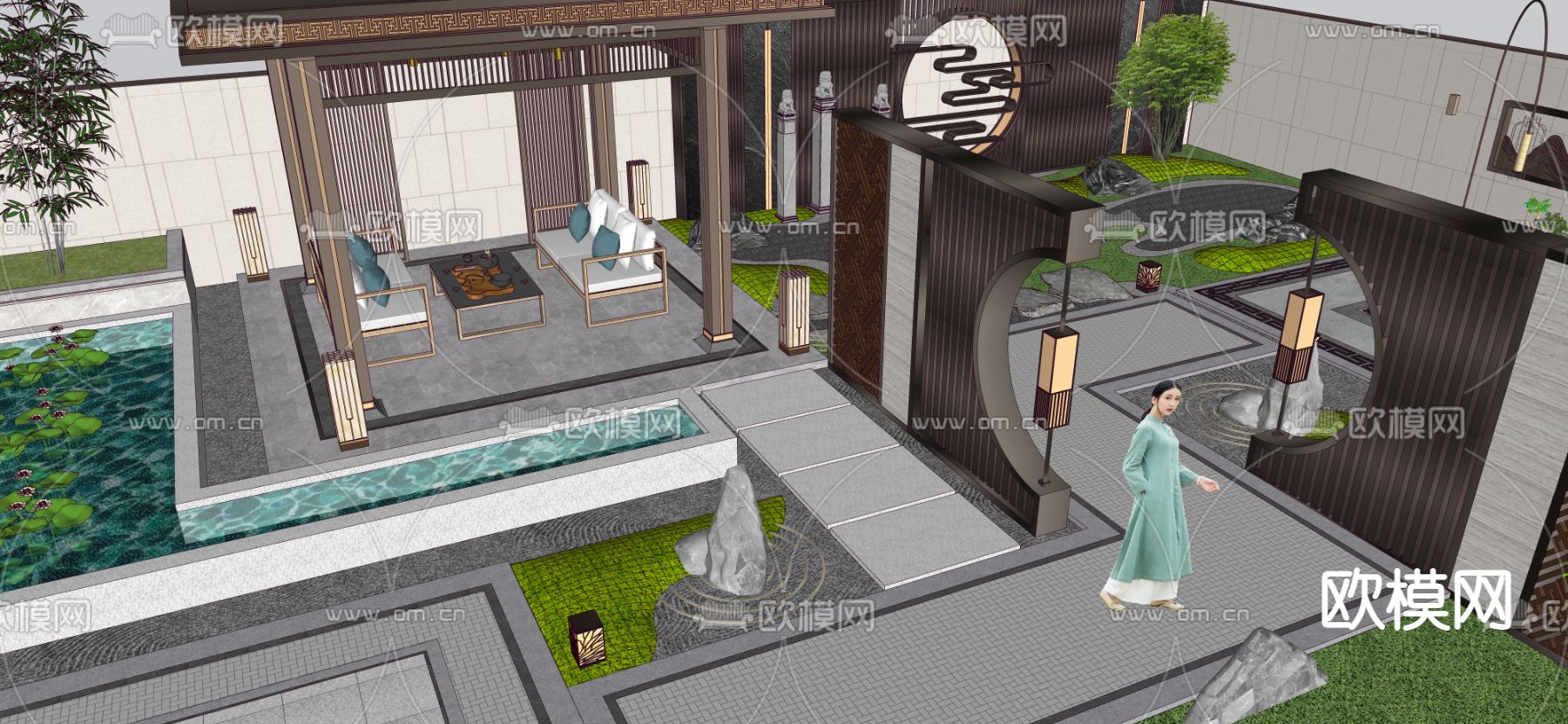 新中式庭院 花园景观su模型下载（渲染图3）