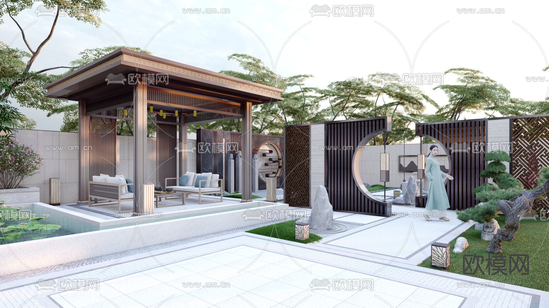 新中式庭院 花园景观su模型下载（渲染图1）