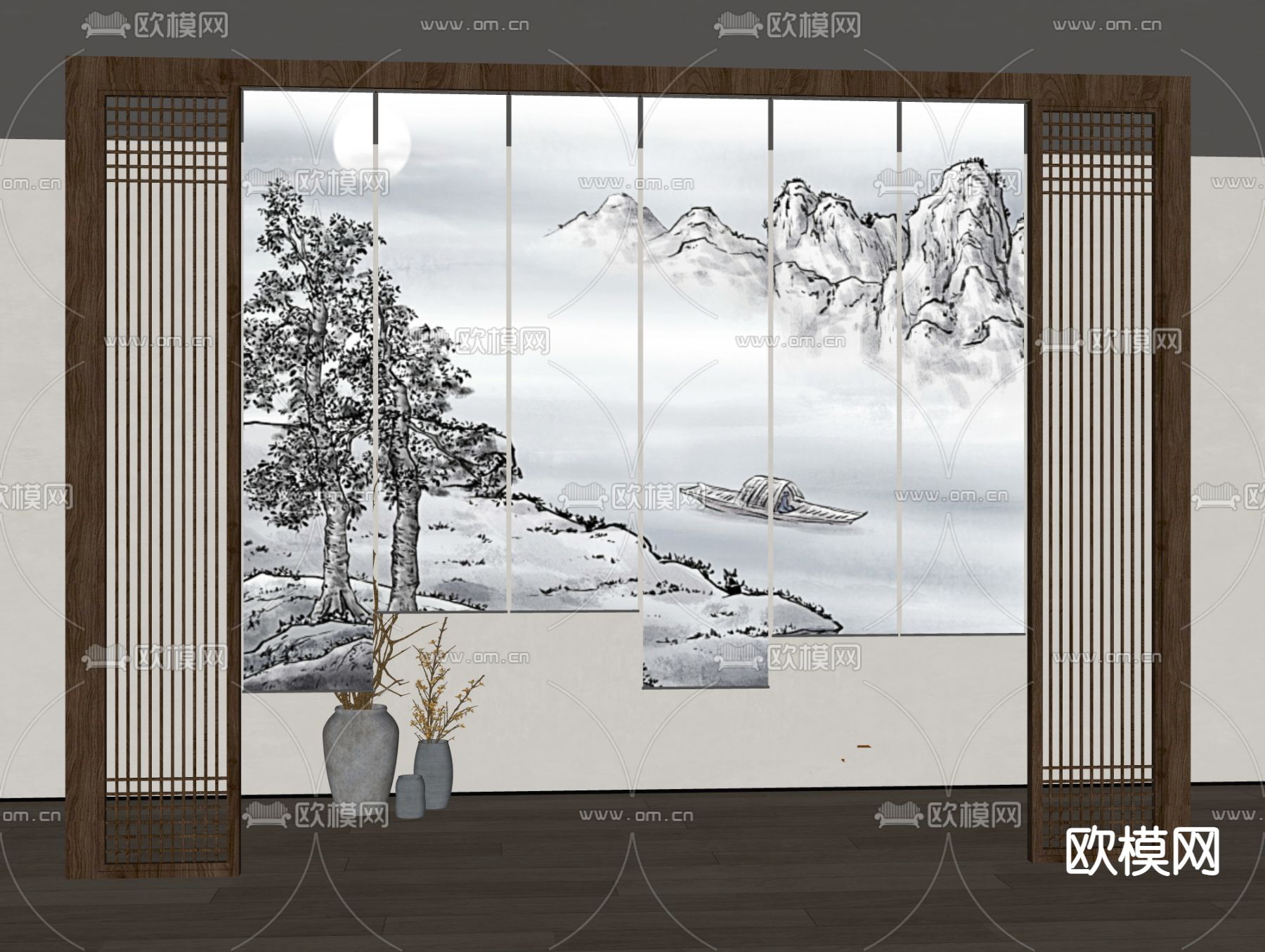 新中式纱帘 卷帘su模型下载（渲染图3）