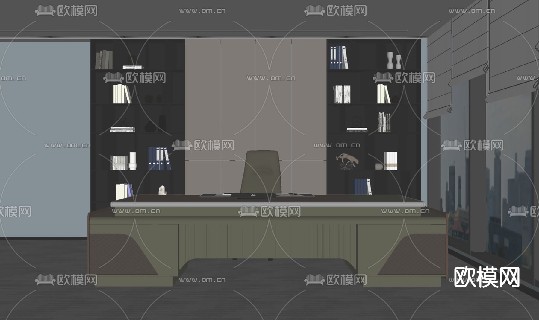 现代班台桌办公桌椅su模型下载（渲染图2）