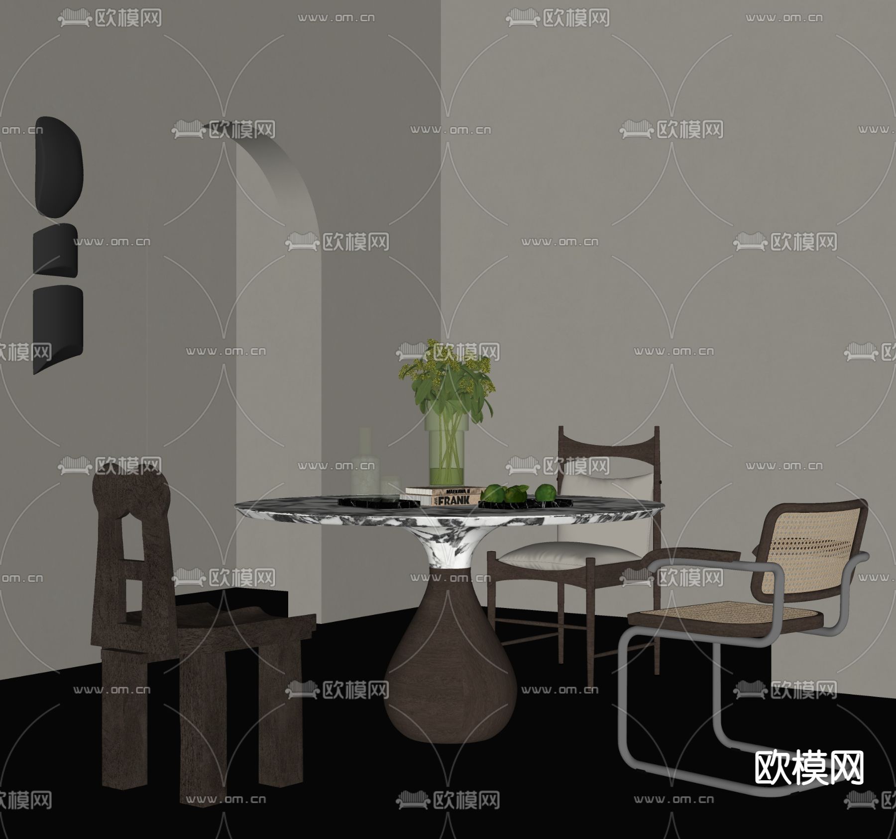 侘寂风圆形餐桌椅su模型