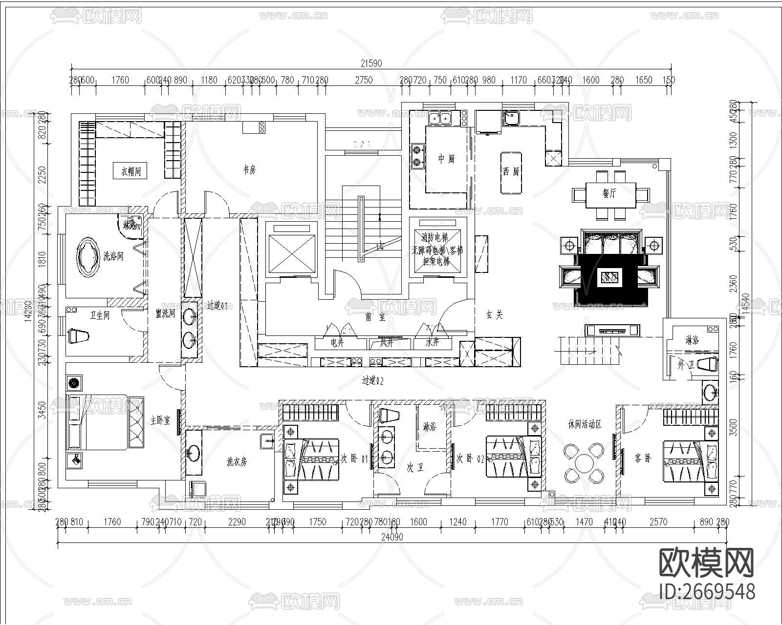300平大平层设计cad施工图下载（渲染图2）