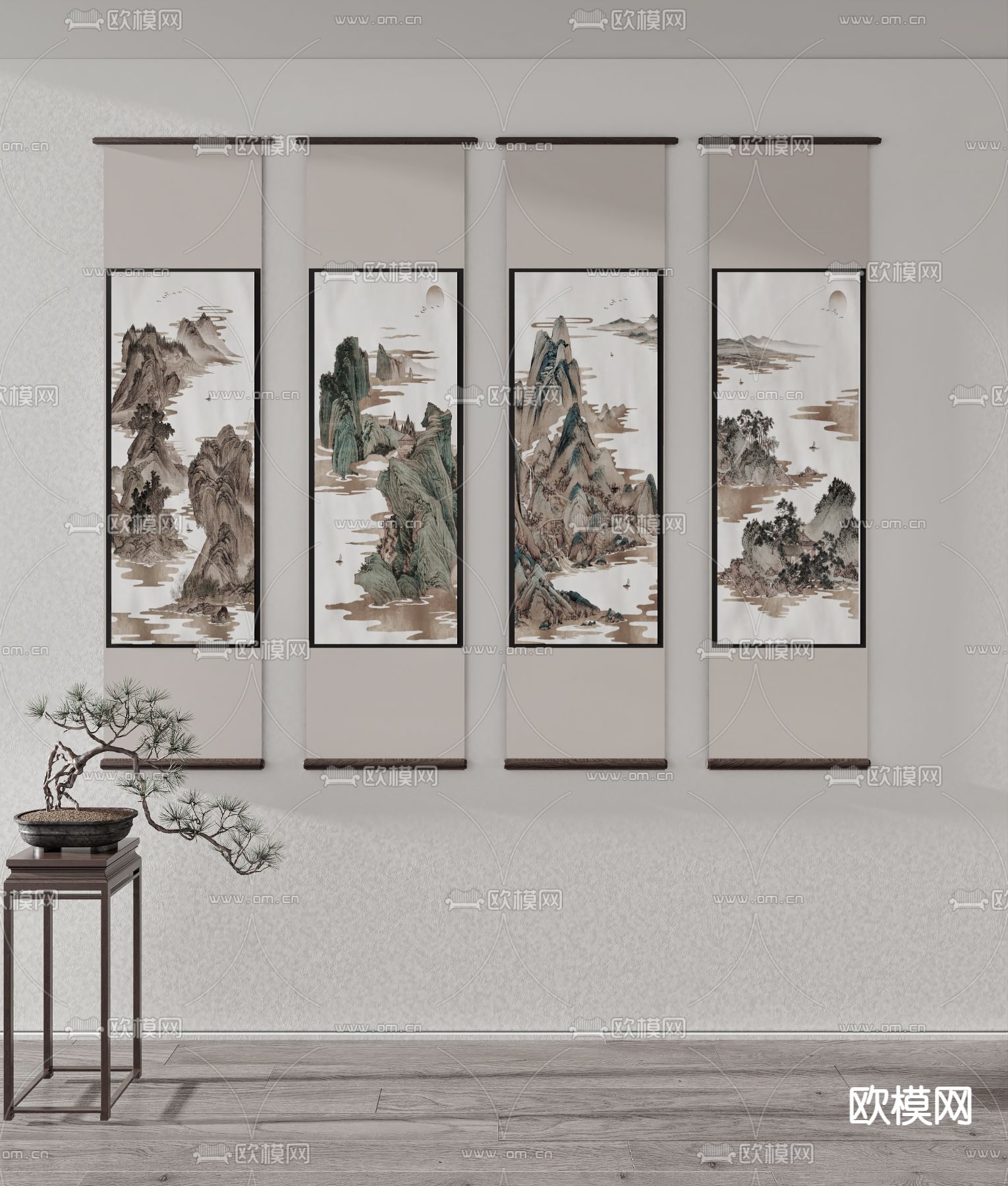 中式山水画 卷轴画3d模型下载