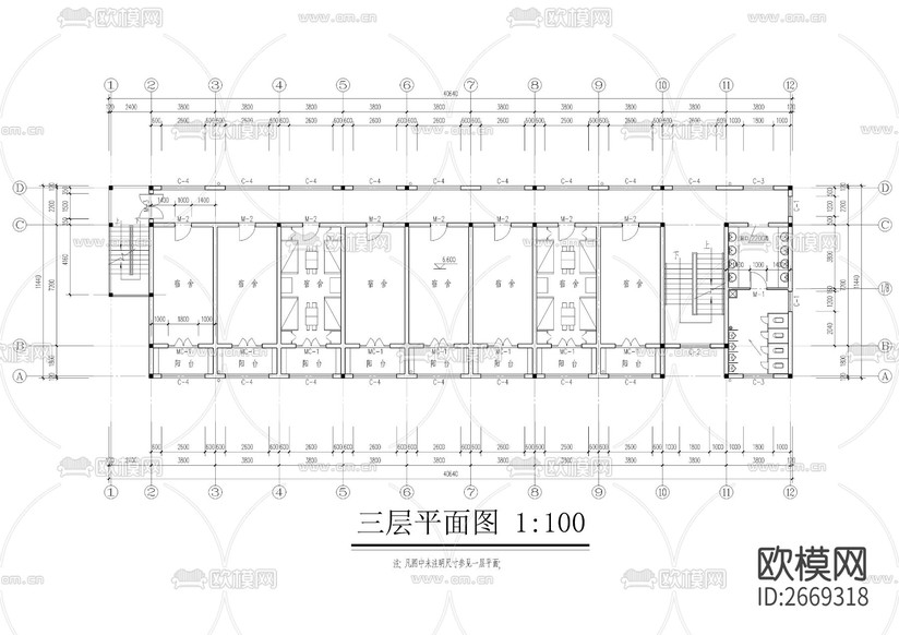 某中學(xué)學(xué)生公寓樓cad施工圖下載(渲染圖5)