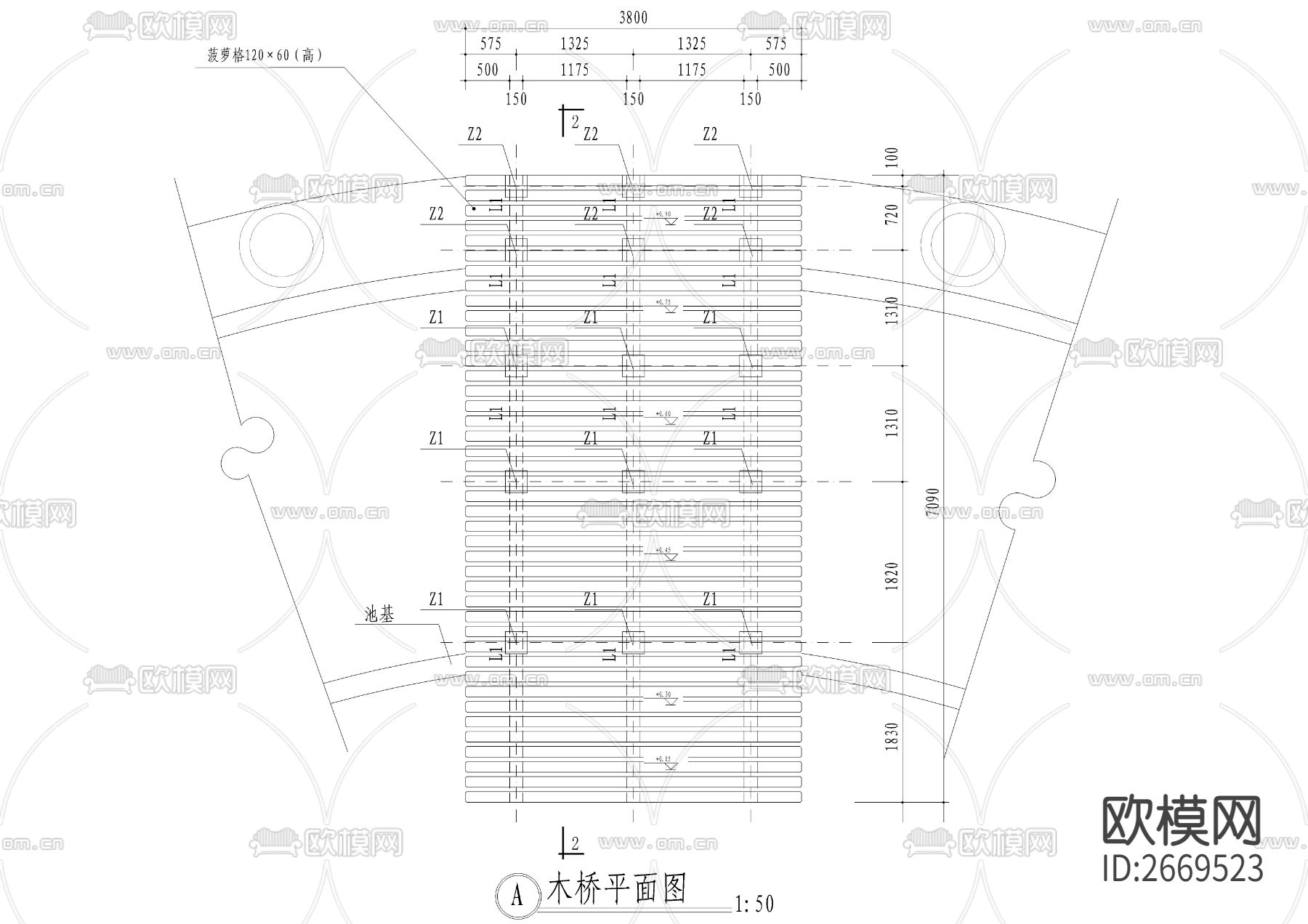 景观木平桥 拱桥详图cad施工图下载（渲染图6）