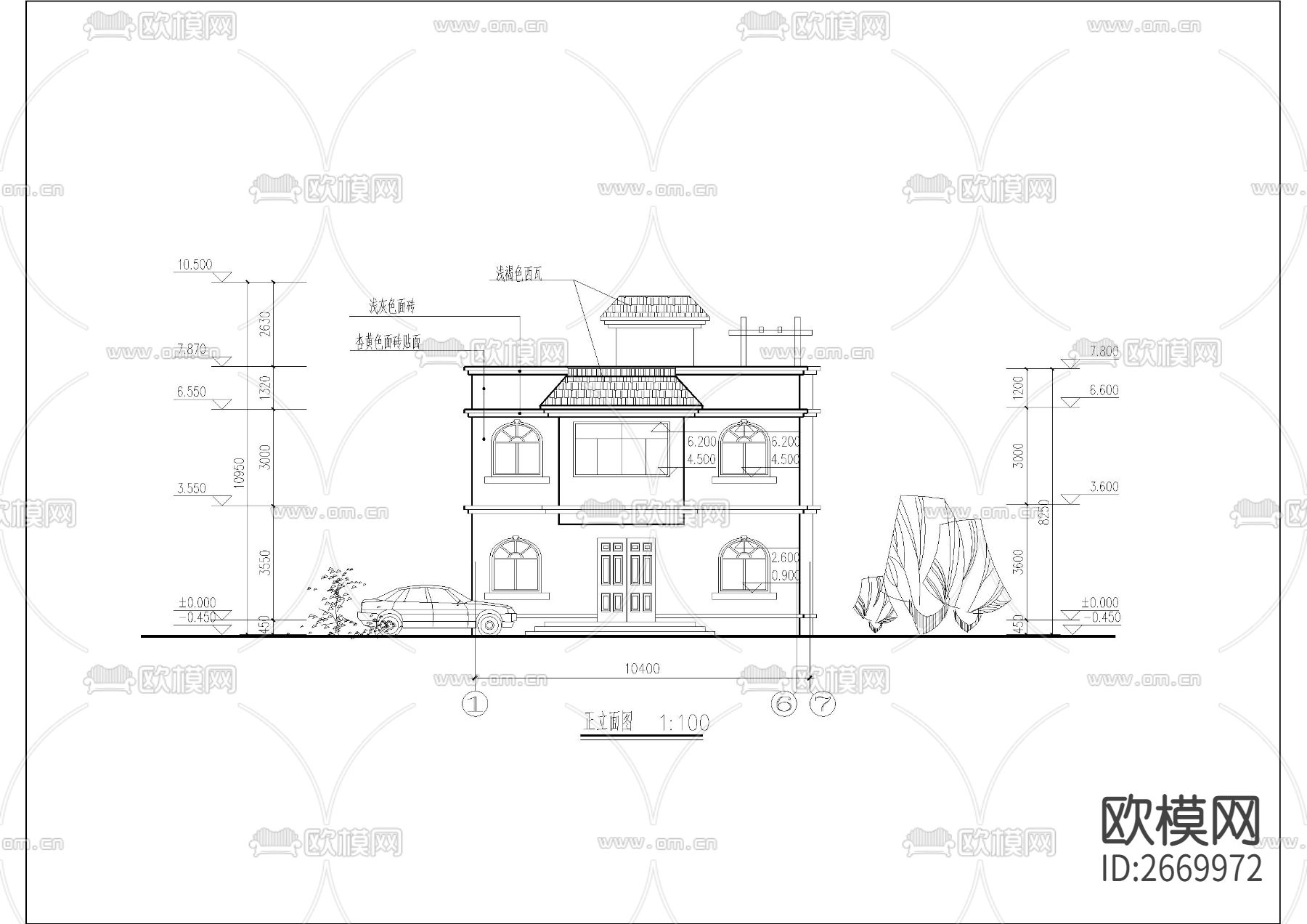 欧式两层自建房cad施工图下载（渲染图3）