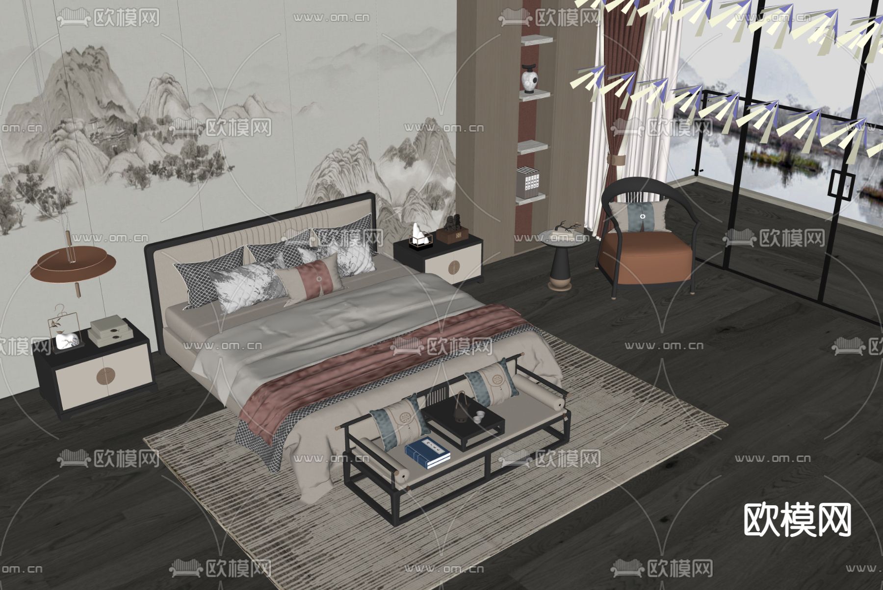 新中式布艺双人床su模型下载（渲染图2）