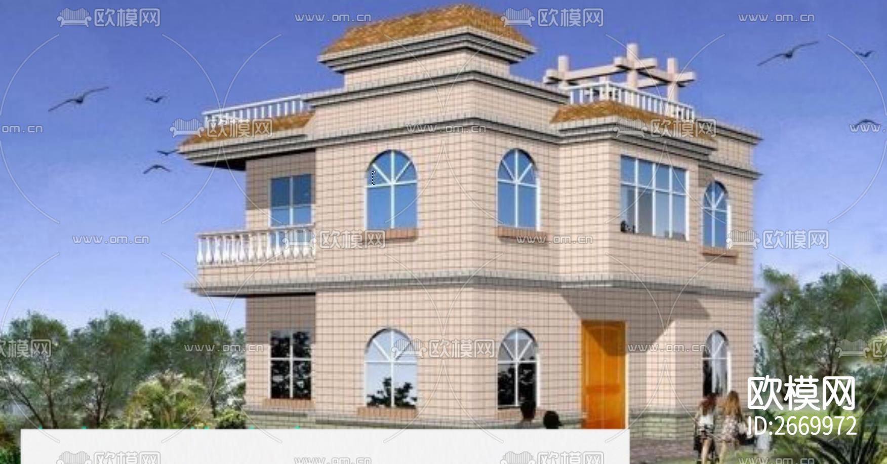 欧式两层自建房cad施工图下载（渲染图7）