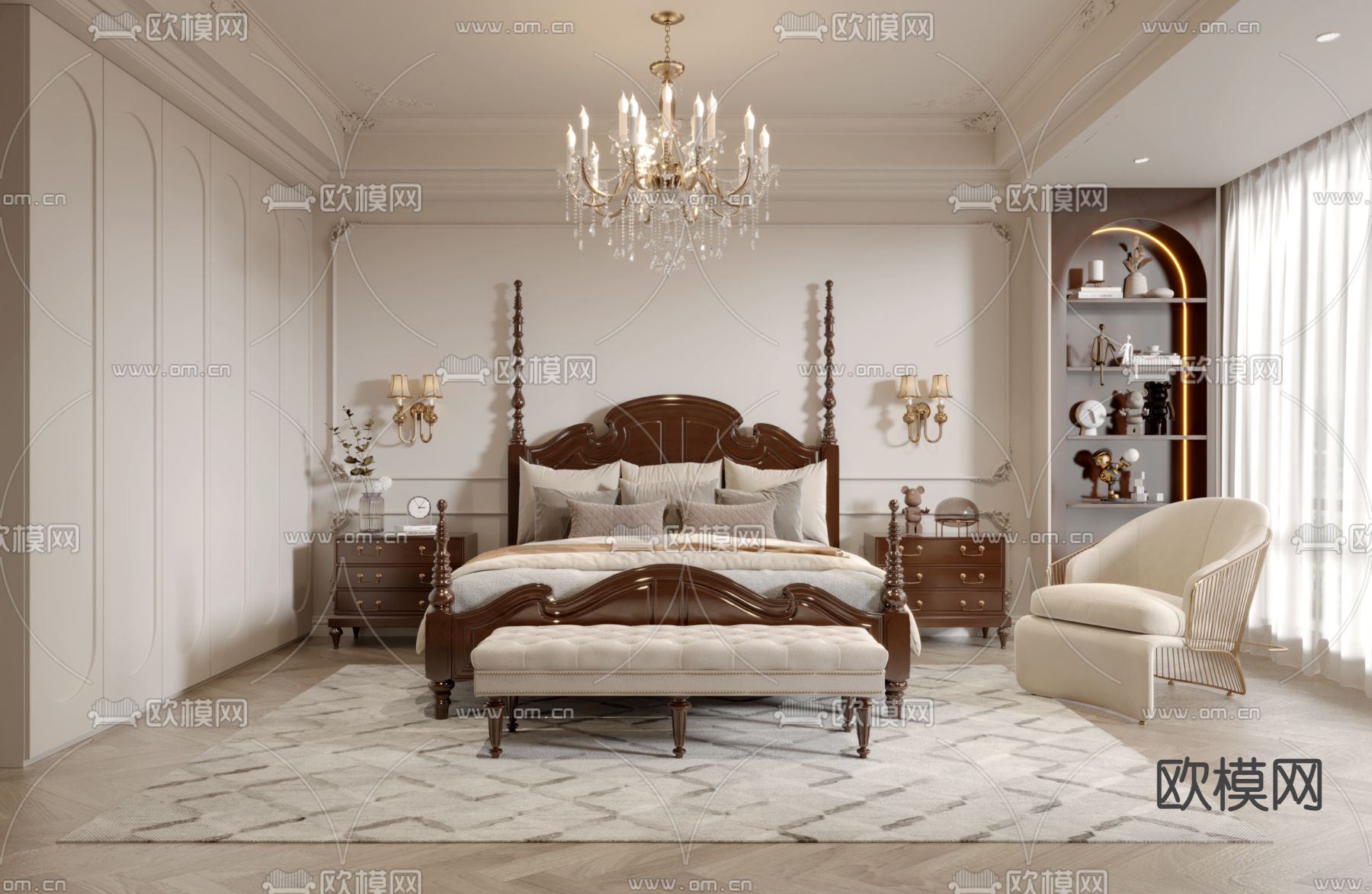 法式卧室 主人房3d模型下载（渲染图1）