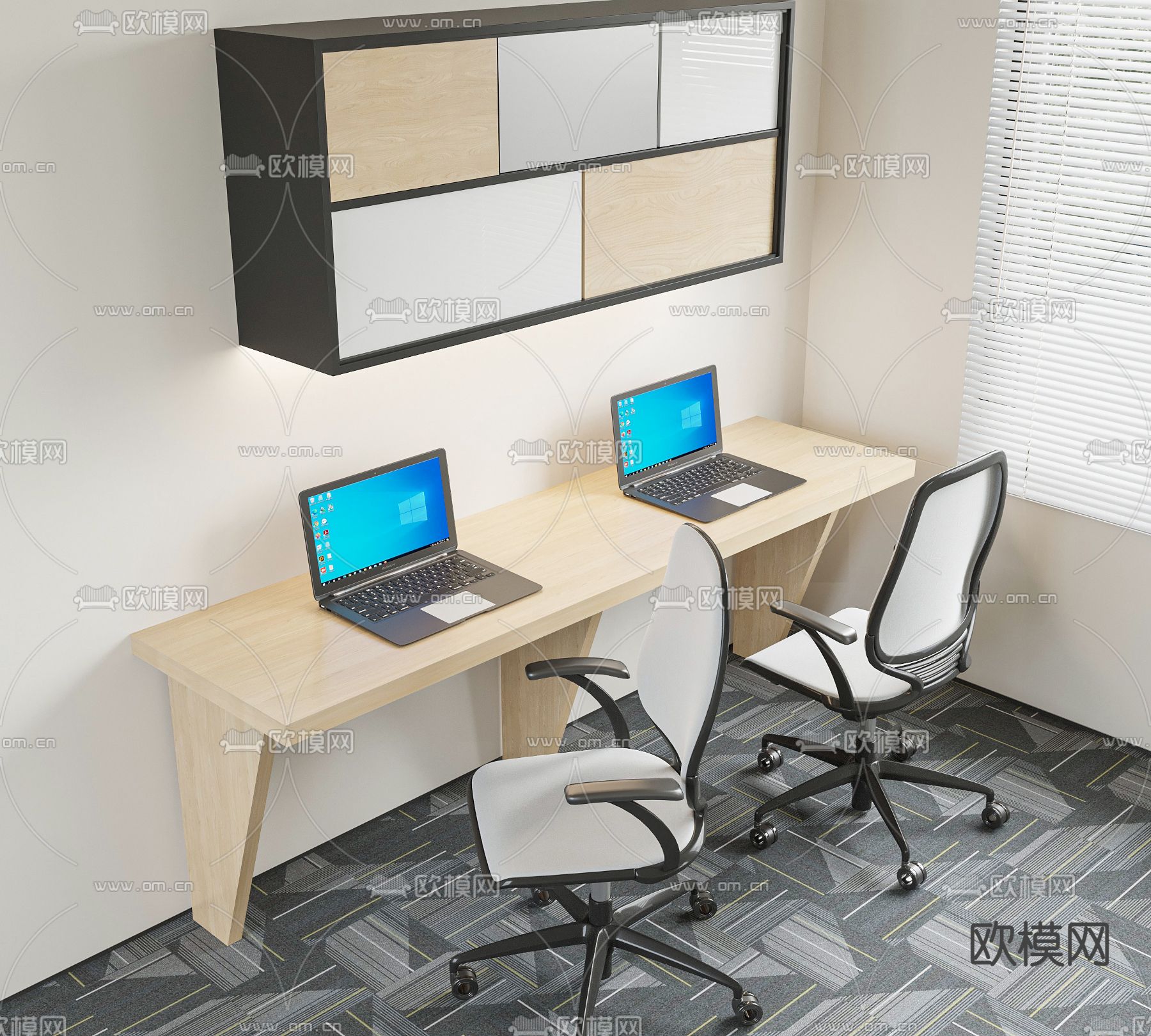 现代卡位办公桌椅su模型下载（渲染图1）