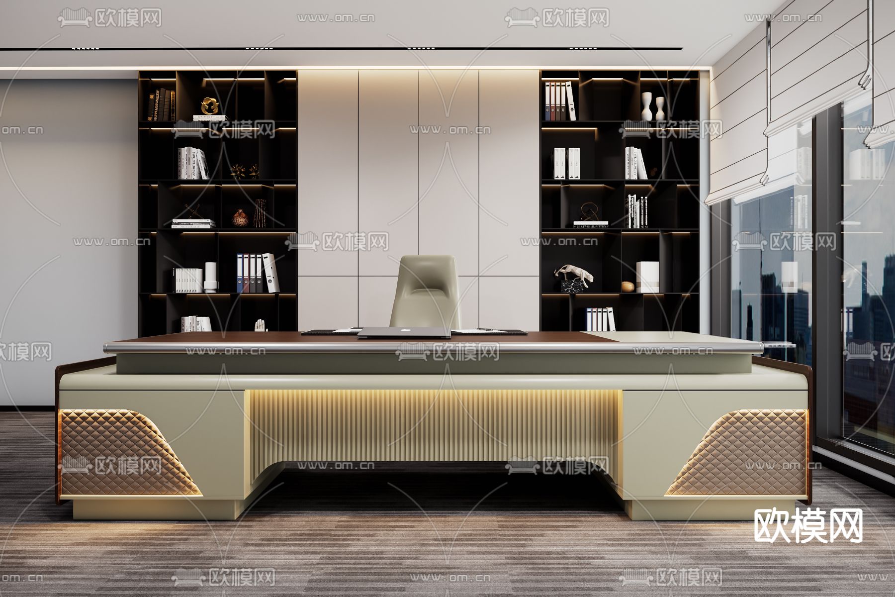 现代班台桌办公桌椅su模型下载（渲染图1）