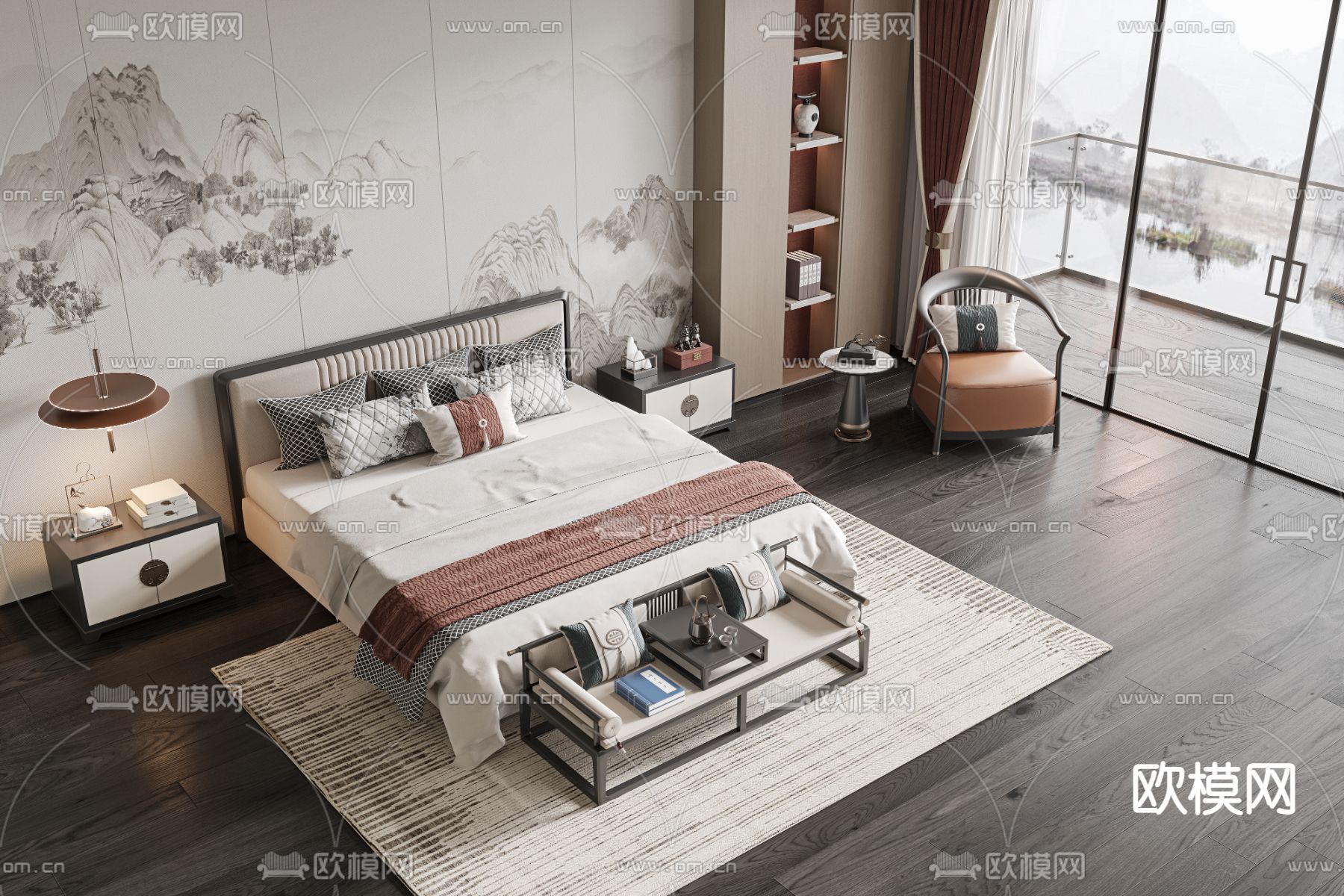 新中式布艺双人床su模型下载（渲染图1）