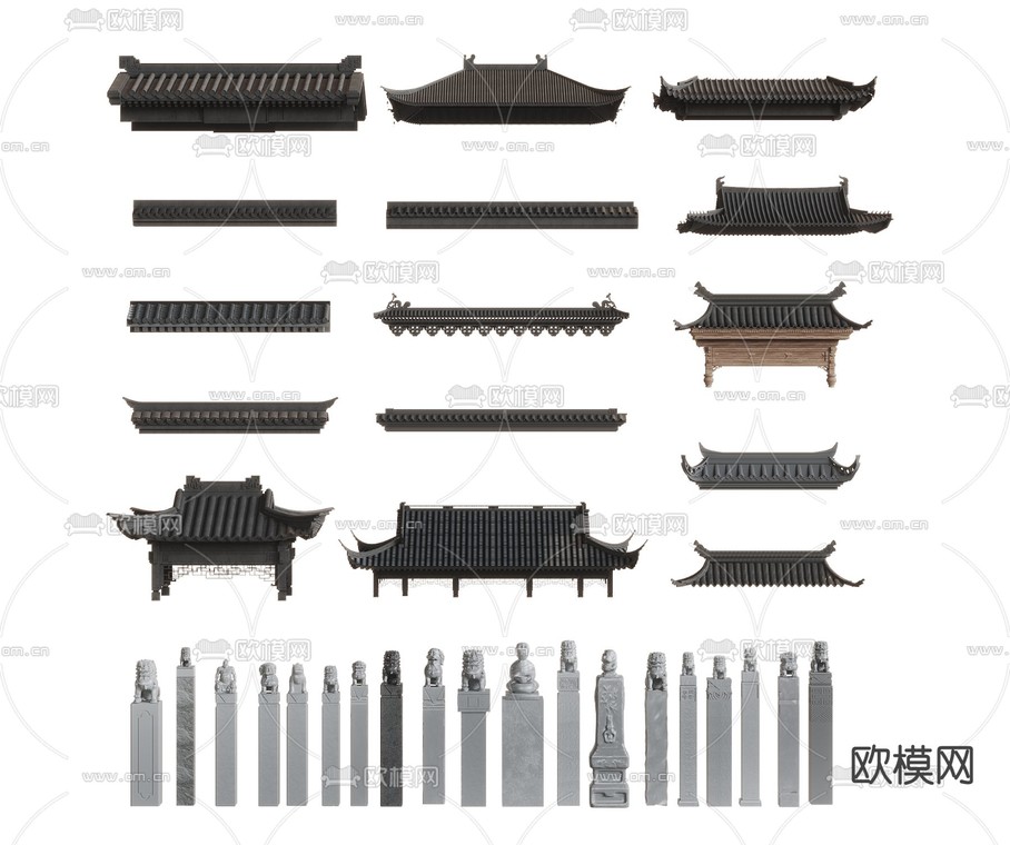 新中式屋檐 屋顶 石狮柱3d模型下载_ID14116360_3dmax免费模型-欧模网