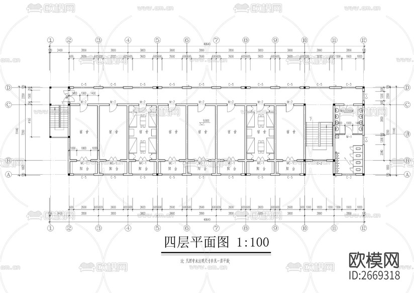 某中學(xué)學(xué)生公寓樓cad施工圖下載(渲染圖6)