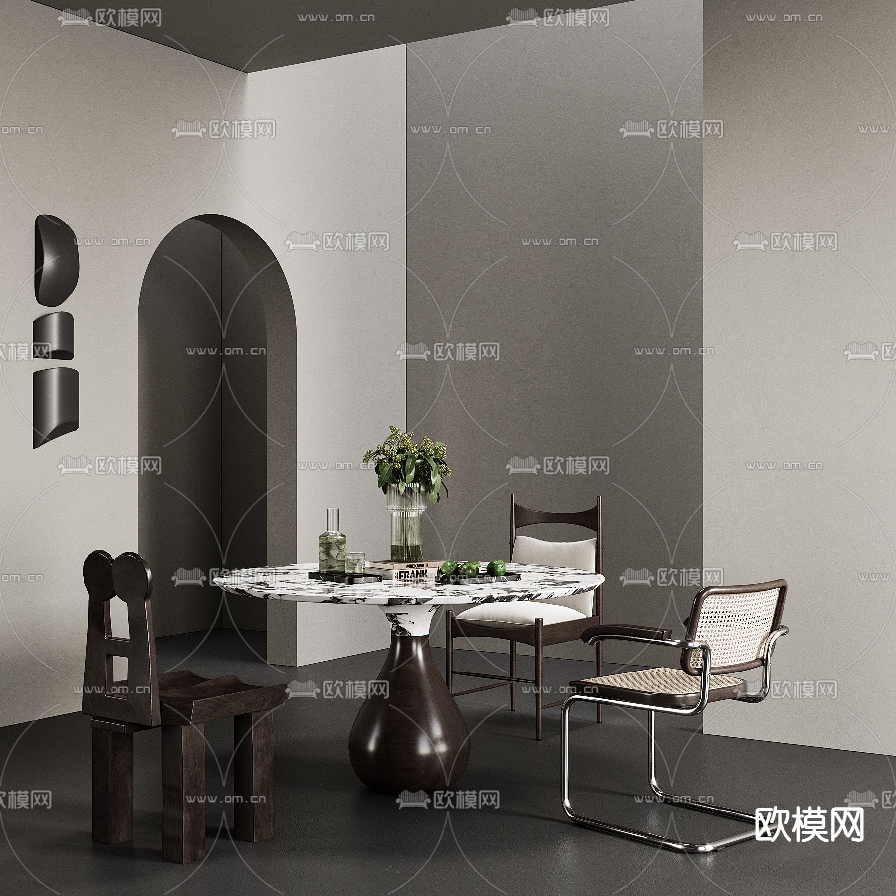 侘寂风圆形餐桌椅su模型