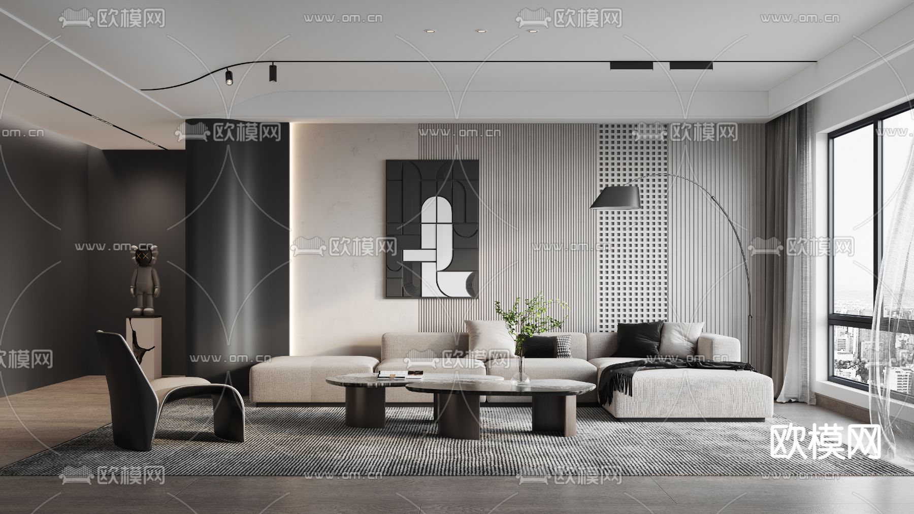 高级灰客厅3d模型下载