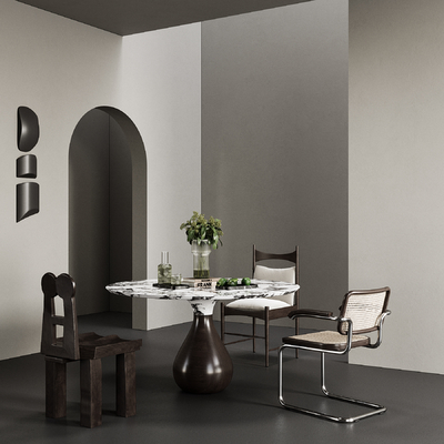 侘寂风圆形餐桌椅su模型