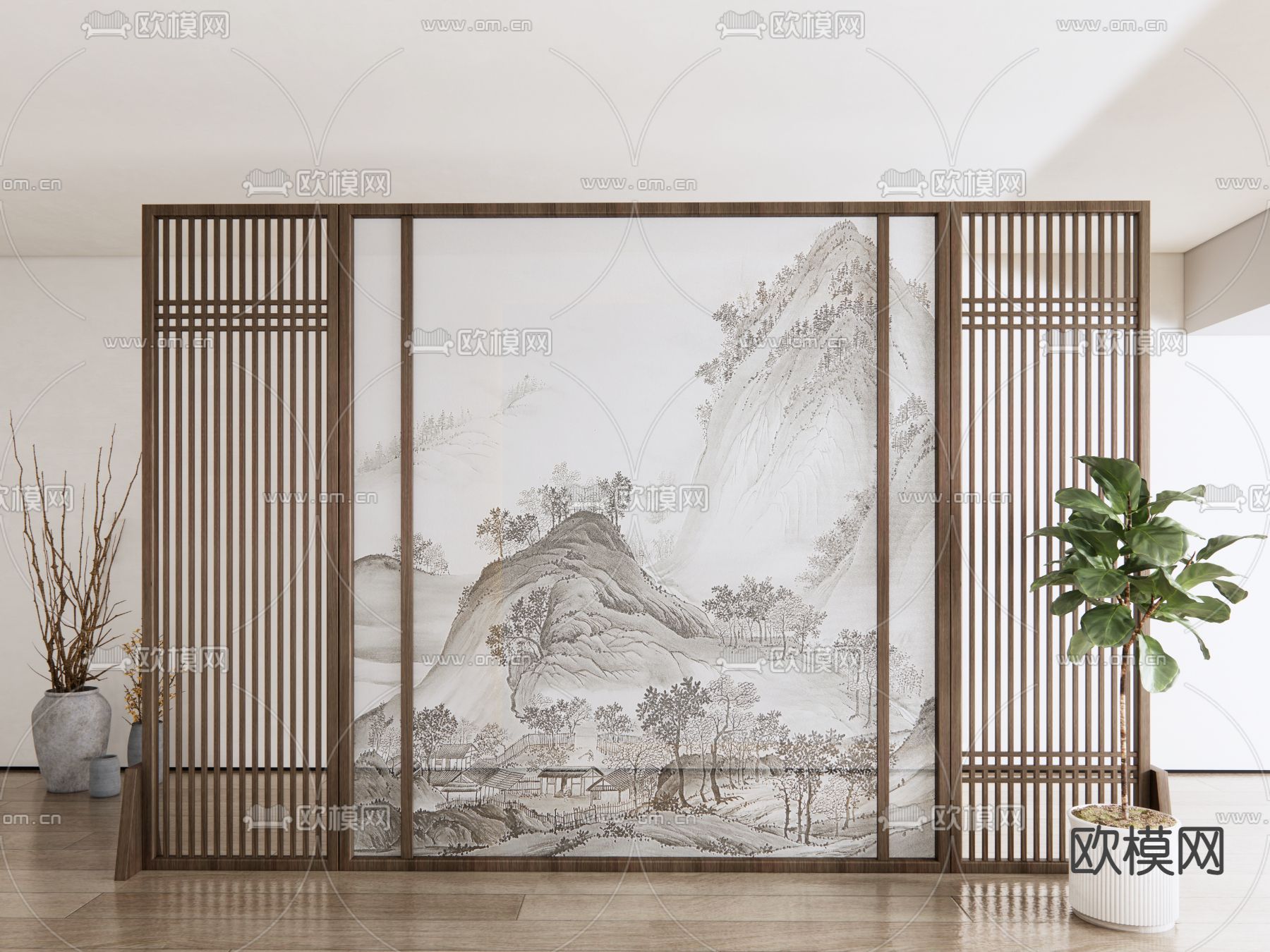 新中式插屏屏风隔断su模型下载_ID14115141_sketchup模型下载-欧模网