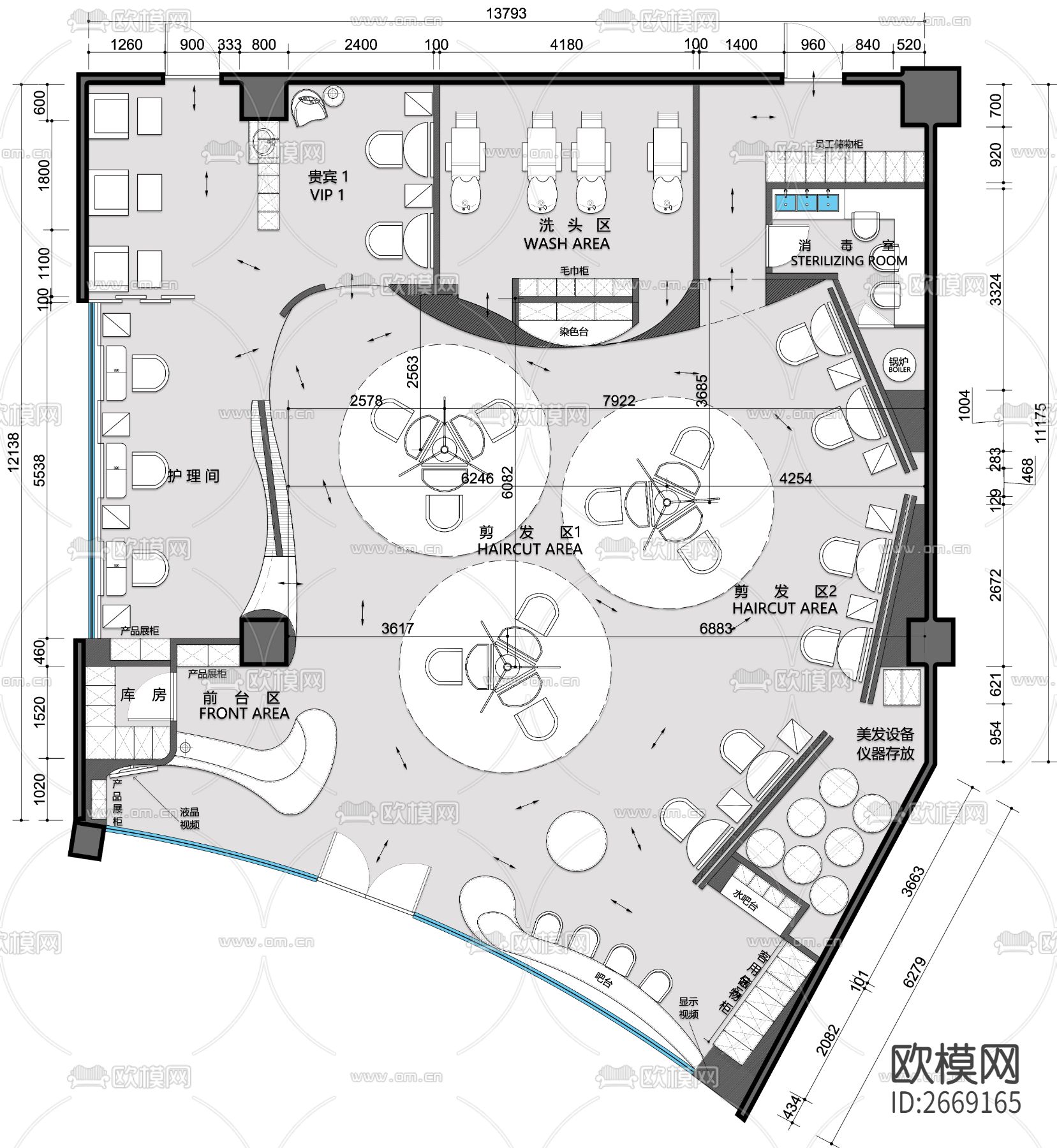 美发店平面cad施工图下载（渲染图1）