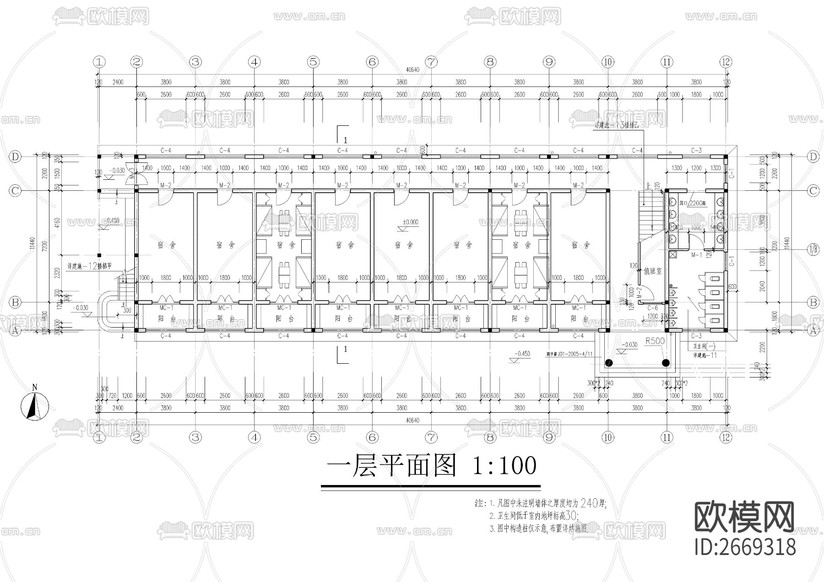 某中學(xué)學(xué)生公寓樓cad施工圖下載(渲染圖1)