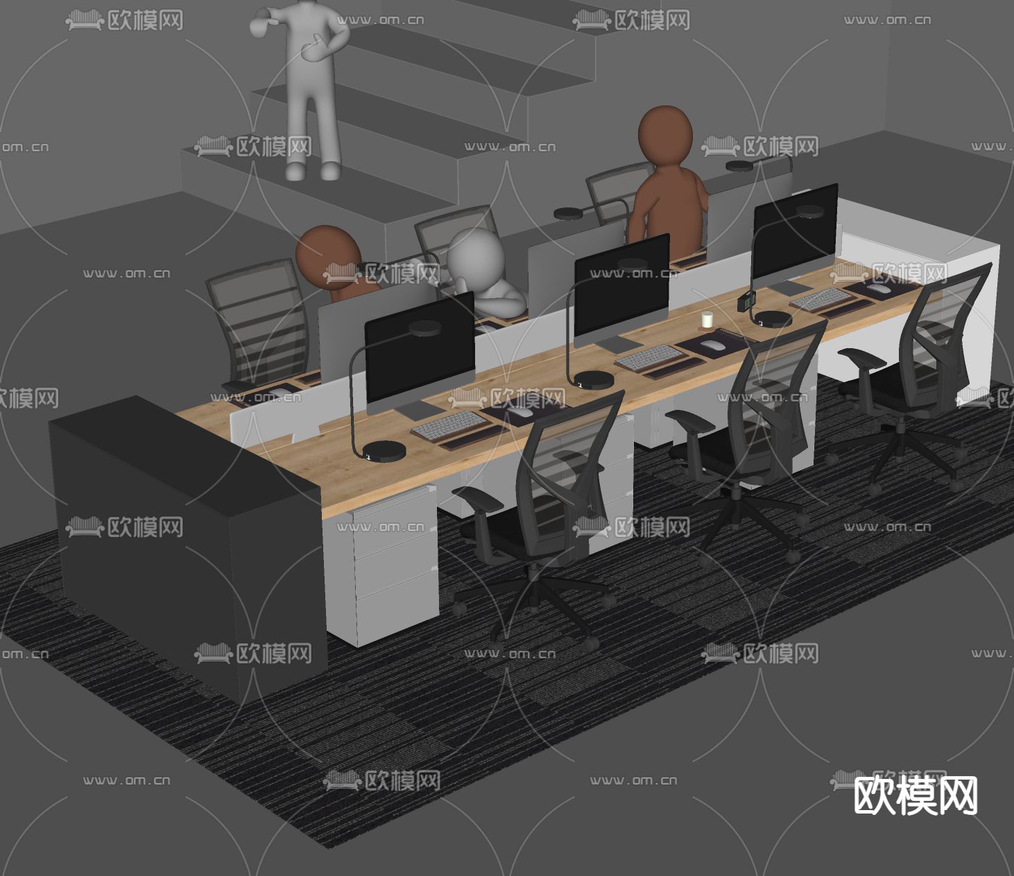 现代办公桌椅卡位su模型下载（渲染图2）