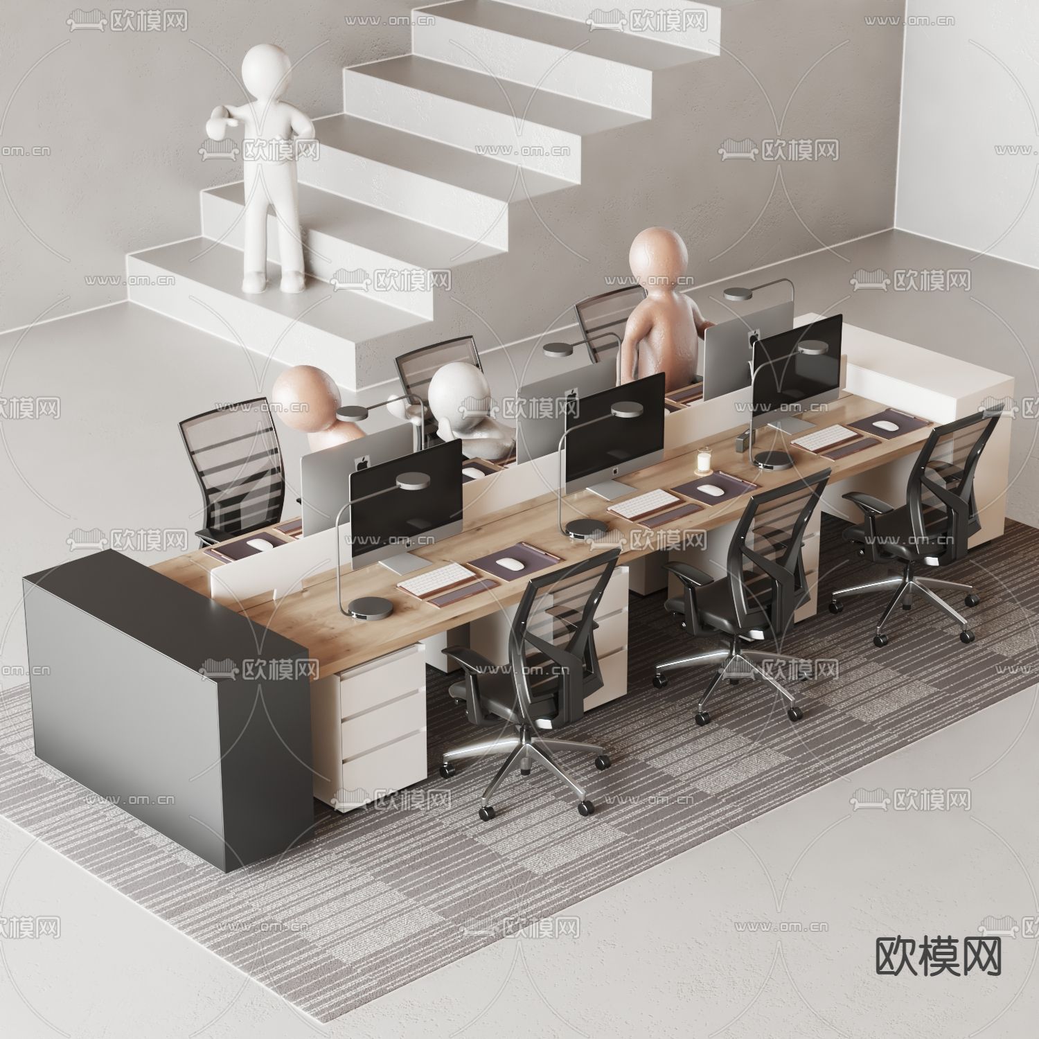 现代办公桌椅卡位su模型下载（渲染图1）