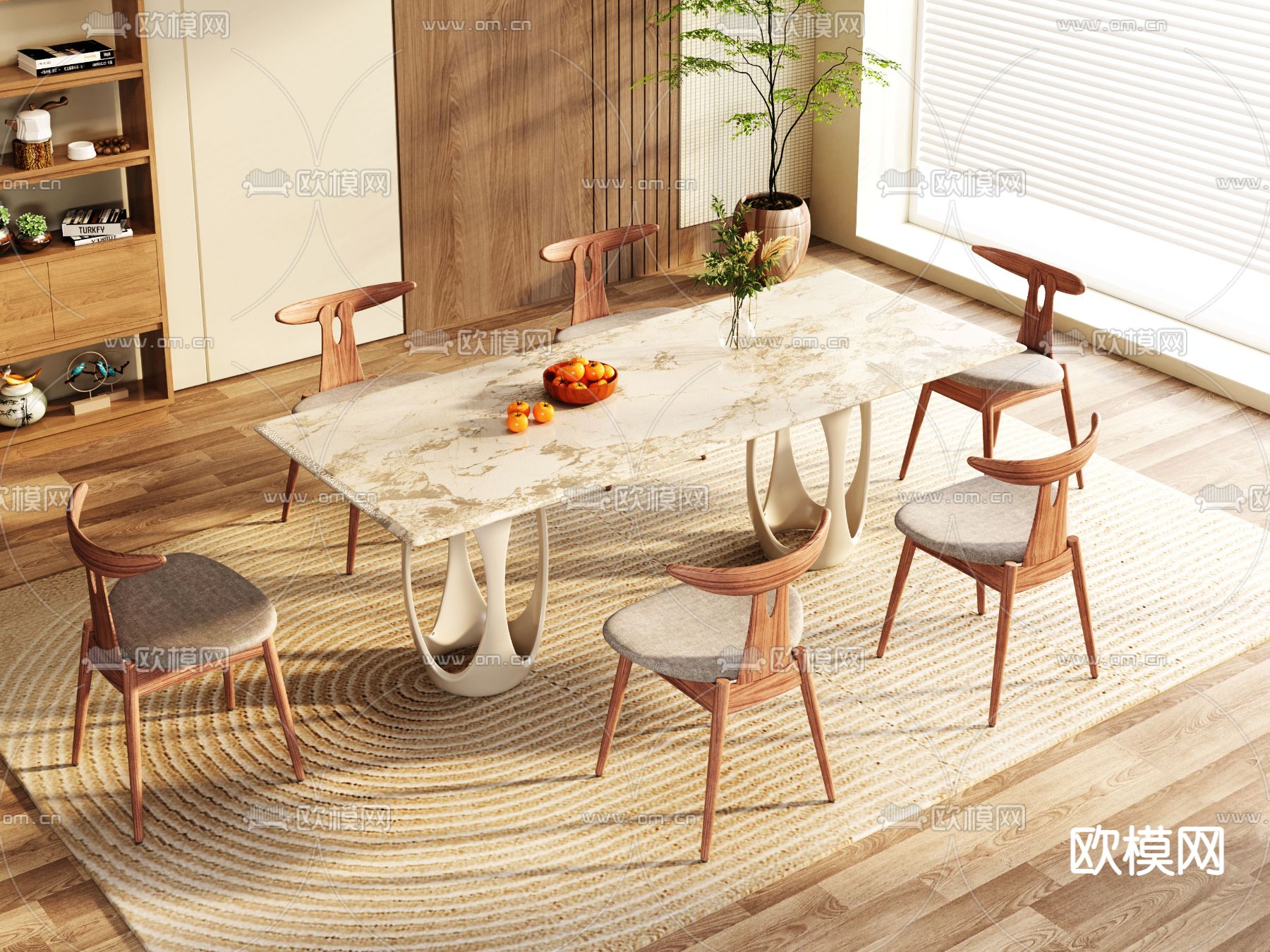 奶油风餐桌椅3d模型下载