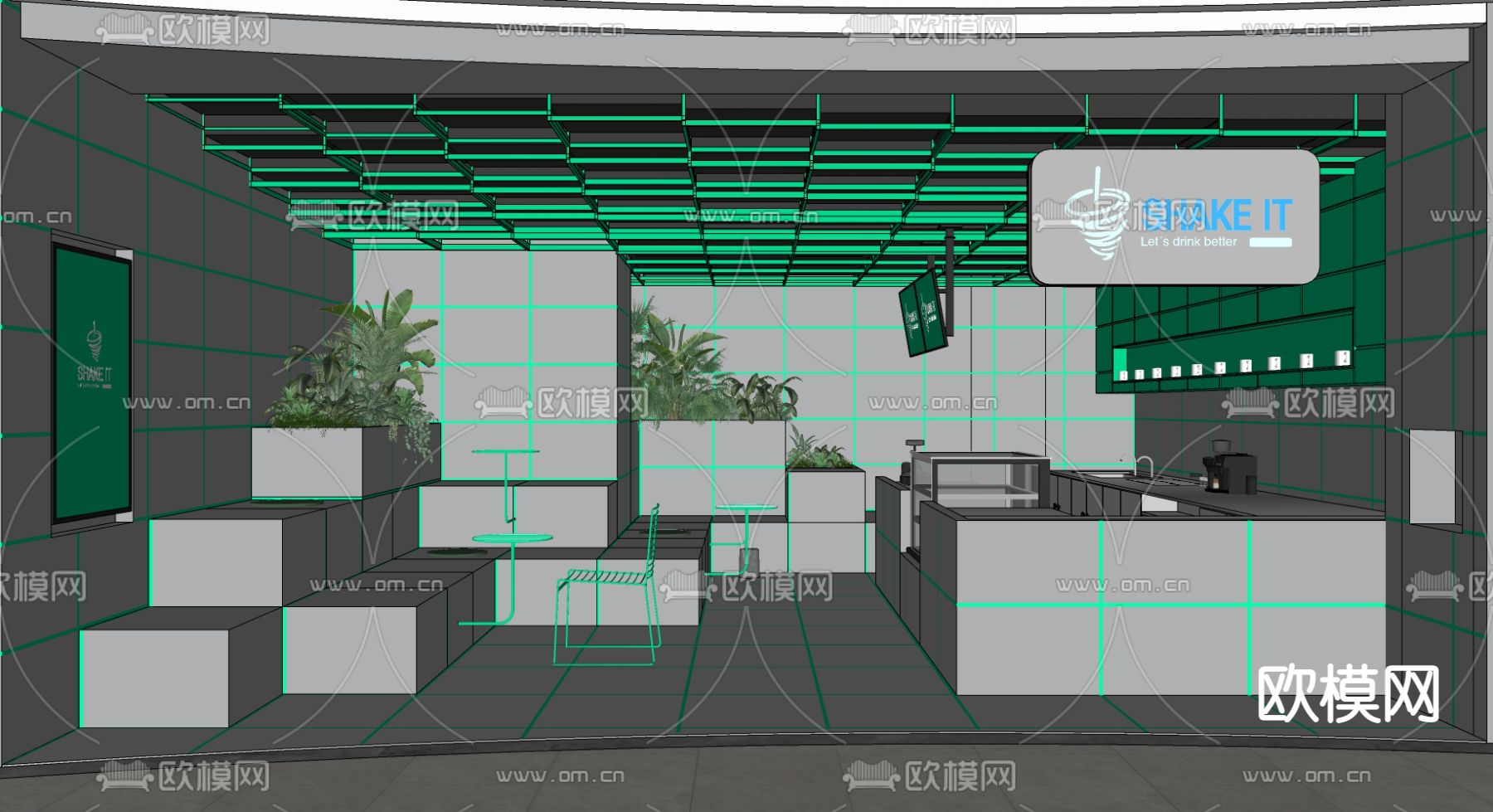 工业风咖啡厅 咖啡馆su模型下载（渲染图3）