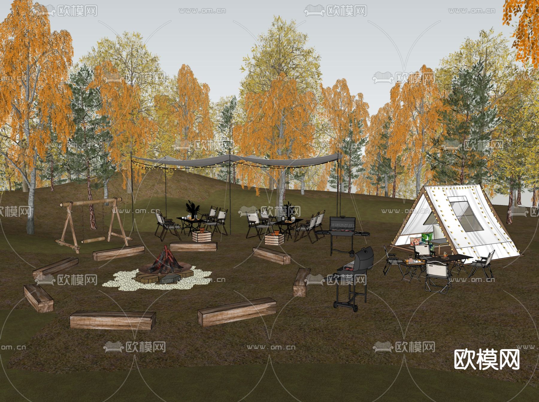 露营地 篝火晚会su模型