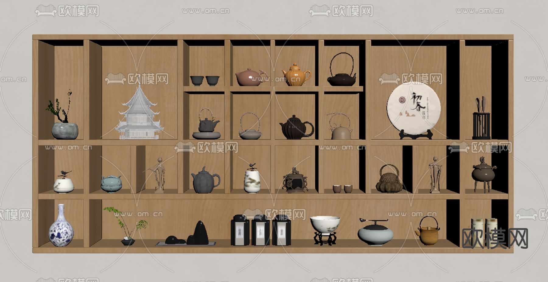新中式壁柜 茶具 茶罐su模型下载（渲染图2）