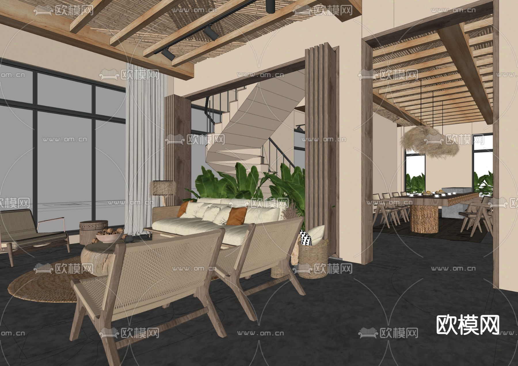 侘寂风民宿餐厅su模型下载（渲染图2）